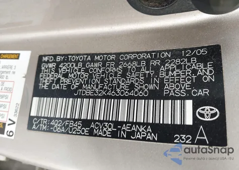 2006 Toyota Camry Std z USA, uszkodzony, nr VIN JTDBE32K463064060
